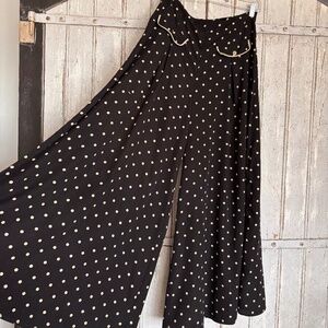 Polka Dot Palazzo Pants Wide Leg Flowy Black Cream Size Large